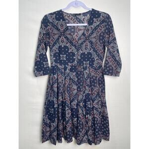 Wren Boho Midi Dress – XS – Navy Blue Paisley Print 100% Cotton